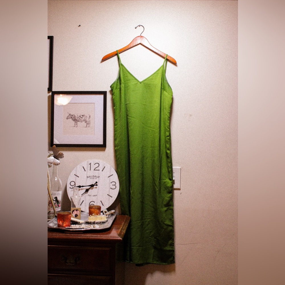 green slip dress with slit